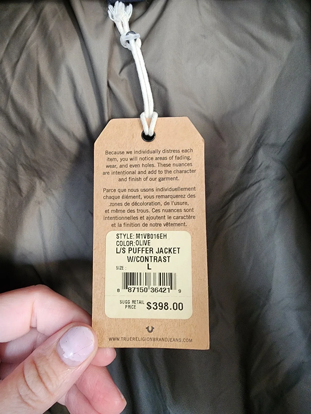 True Religion Olive Wool Contrast Down Puffer Jacket Men’s L NWT